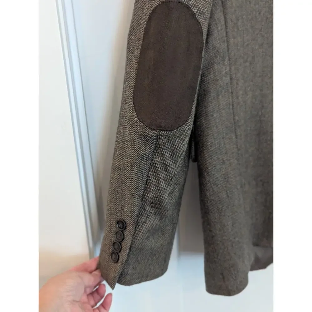 Nautica Mens 44R Blazer Beige Brown Sports Coat Elbow Patches 100% Wool Academia